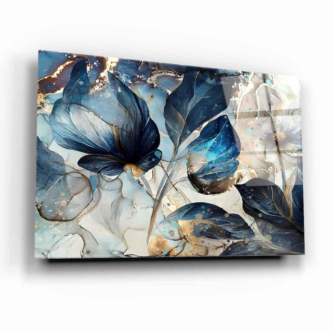 Elegant Blue Floral Wall Art Tempered Glass Print Modern Nature Decor Luxury Glass Wall Art For Home And Office - Image 2
