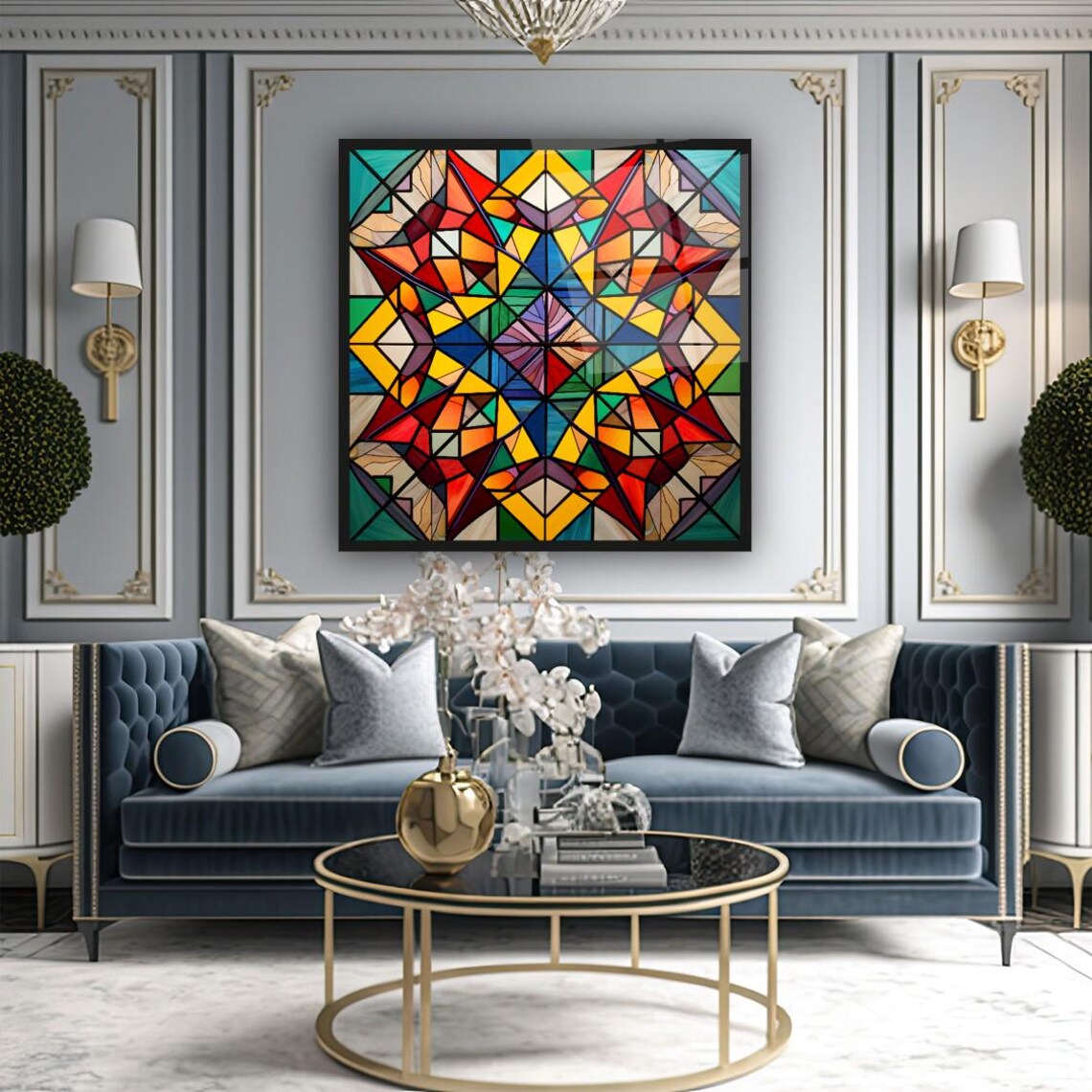 Vibrant Geometric Stained Glass Wall Art Tempered Glass Print Modern Abstract Wall Decor Luxury Glass Wall Art For Home And Offic