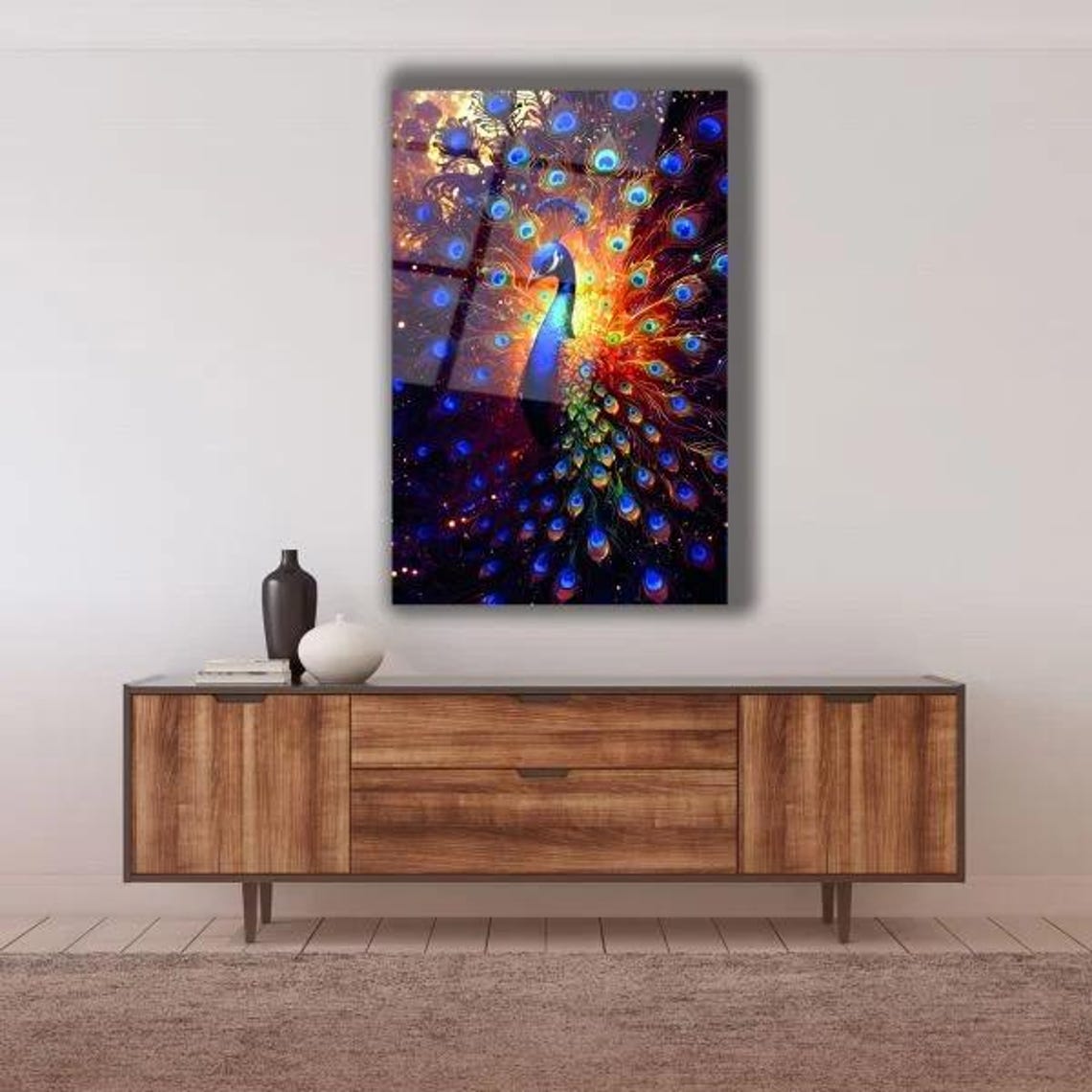 Peacock Fiery Feather Display Cosmic Dark Vibrant Wildlife Art Poster
