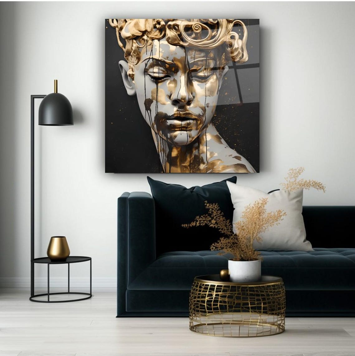 Golden Drip Woman Face Abstract Black Gold Modern Art Poster - Image 3