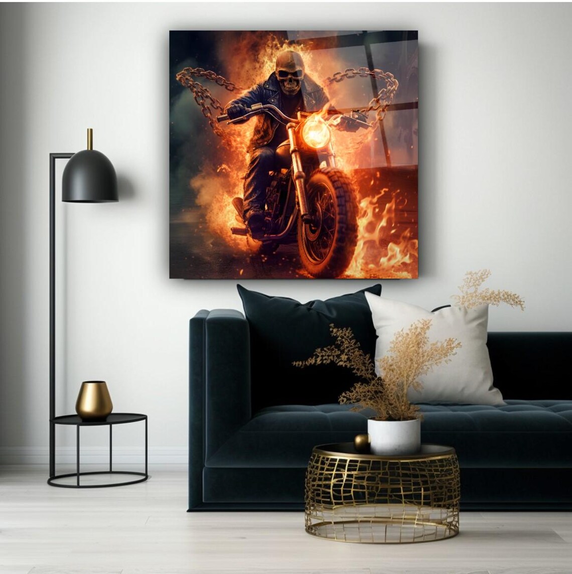 Flaming Skull Biker Riding a Motorcycle Through Roaring Fire Wall Art - Image 3
