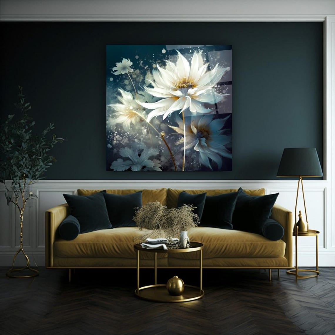 Dreamy White Flowers On Dark Teal Modern Botanical Portrait Poster