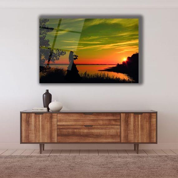 Silhouette Sunset Serenade Tempered Glass Wall Art Elegant Home Decor Vibrant Wall Decor Tranquil Lake Scene
