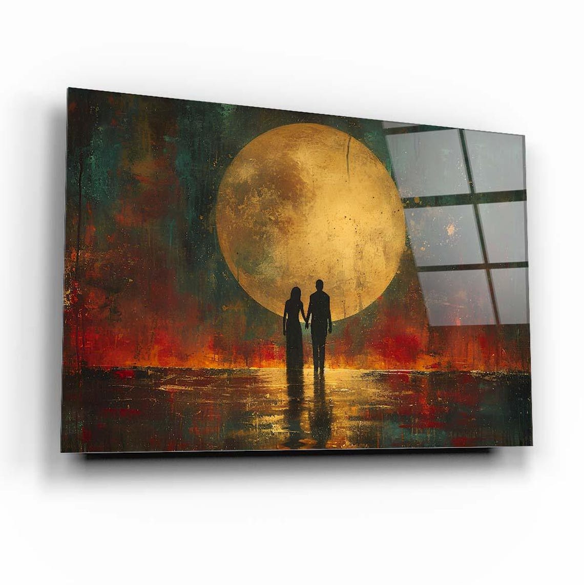 Couple Silhouette Golden Moon Romantic Night Walk Art Poster - Image 3