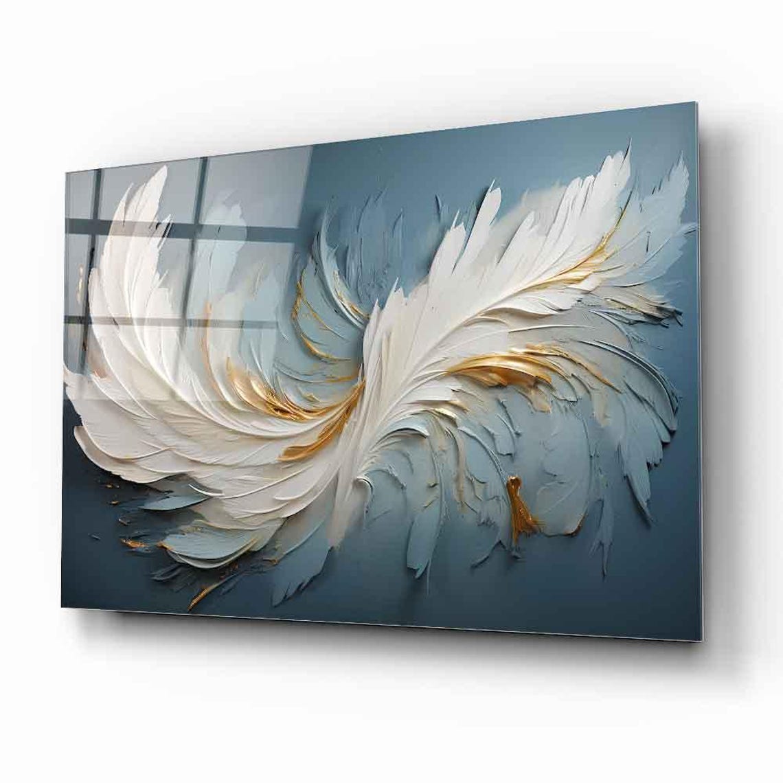 White And Gold Feather Abstract On Teal Impasto Painting Poster - Image 2