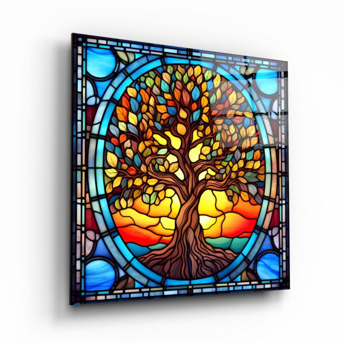 Stained Glass Tree Of Life With Sunset Behind Colorful Leaves Poster - Image 2