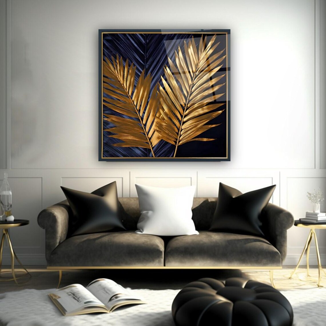 Golden Palm Leaves Wall Art Tempered Glass Print Modern Botanical Wall Decor Luxury Glass Wall Art For Home And Office