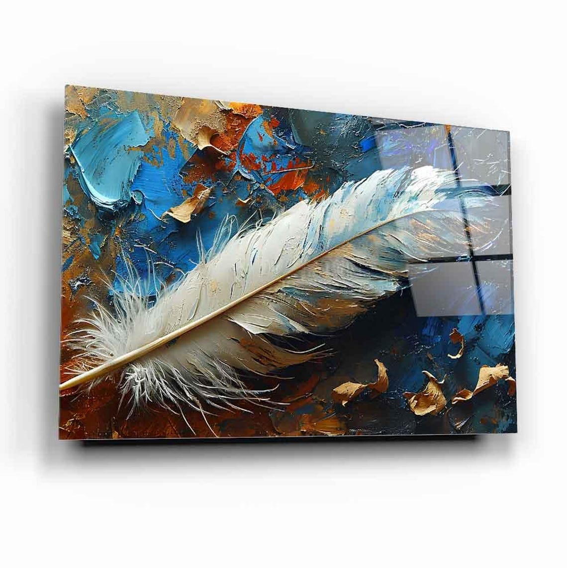 Delicate White Feather On Blue Abstract Textured Modern Poster - Image 2