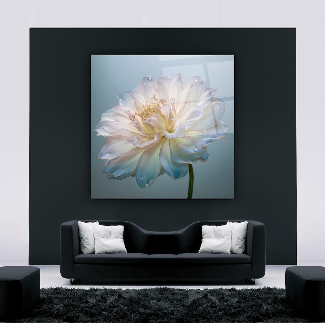 Elegant White Dahlia Flower with Sparkling Water Drops Wall Art - Image 3