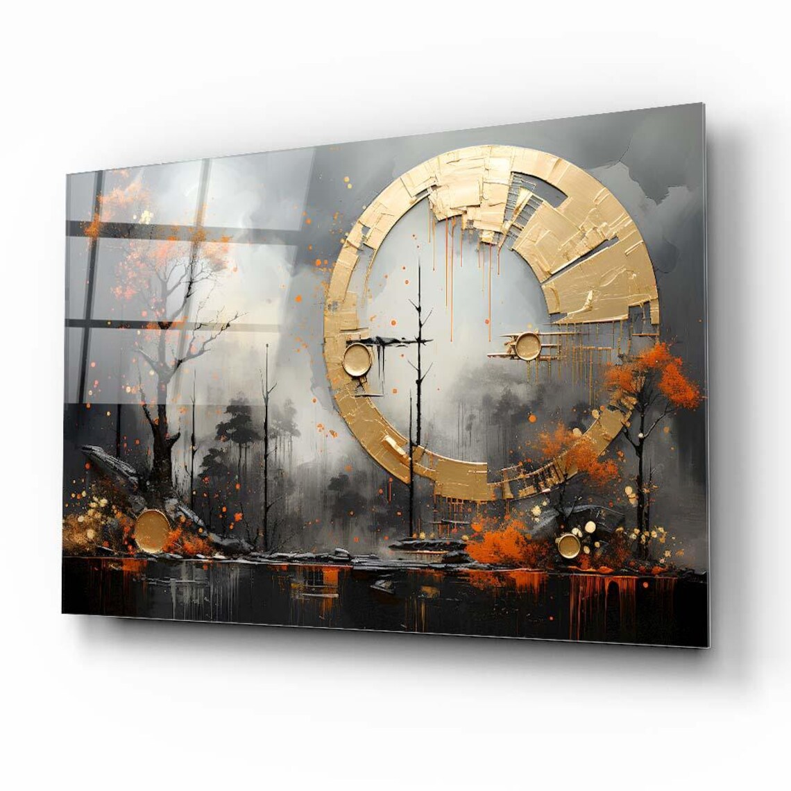 Golden Orb Circle Misty Autumn Trees Futuristic Nature Art Poster - Image 2