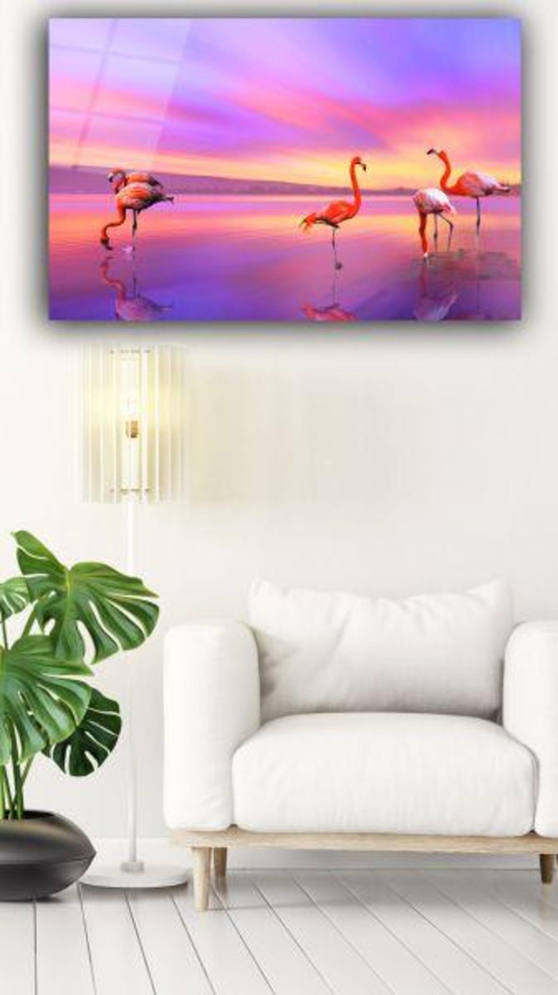 Flamingo Flock Wading In Calm Lagoon At Purple Pink Sunset Poster - Image 3