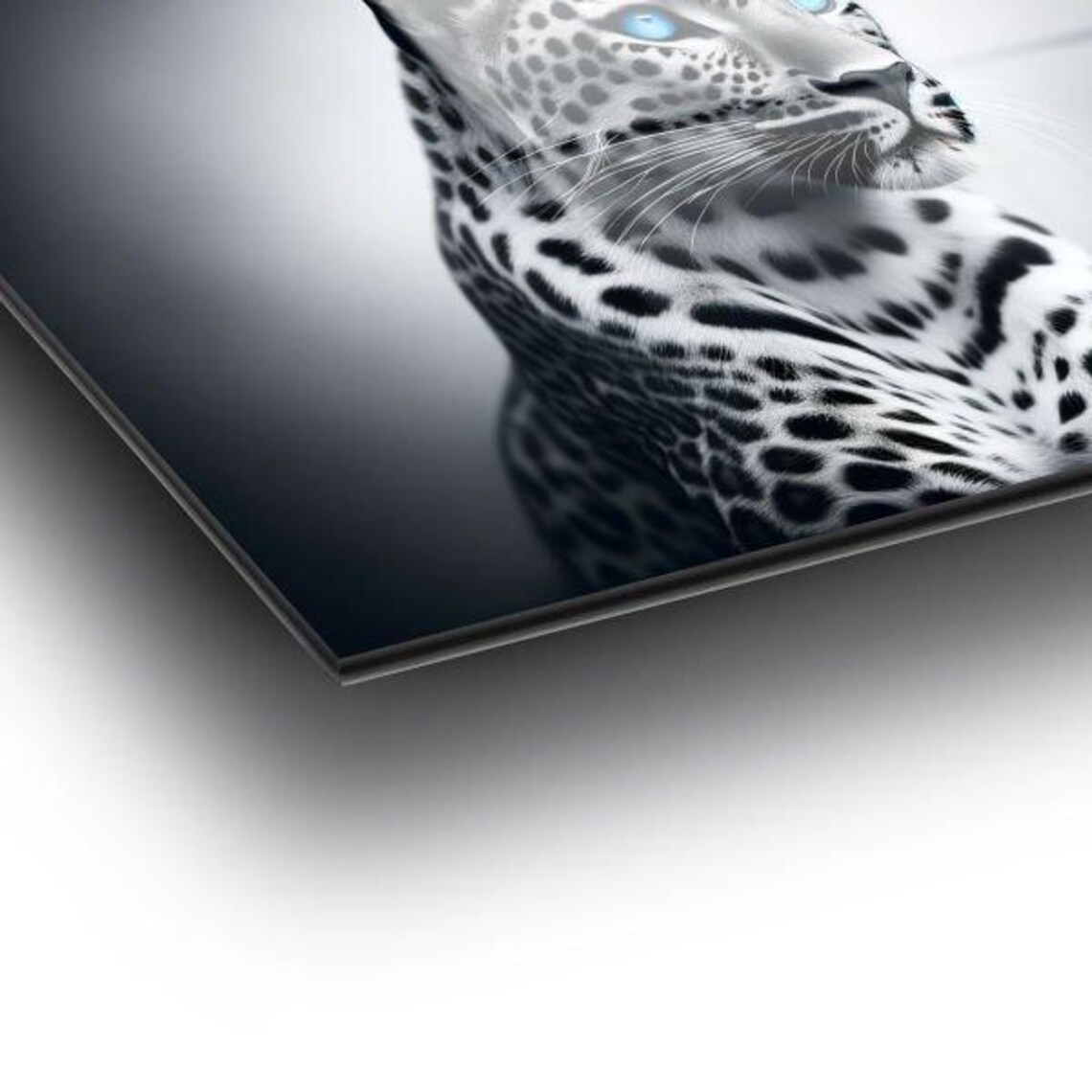 Leopard Portrait With Piercing Blue Eyes Monochrome Wildlife Glass Art Poster - Image 2