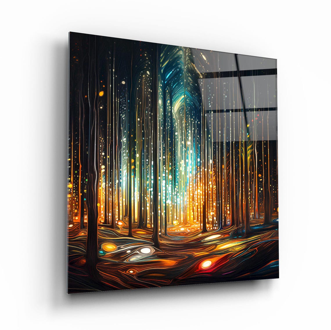 Luminous Golden Forest With Light Rays Modern Nature Glass Poster - Image 2