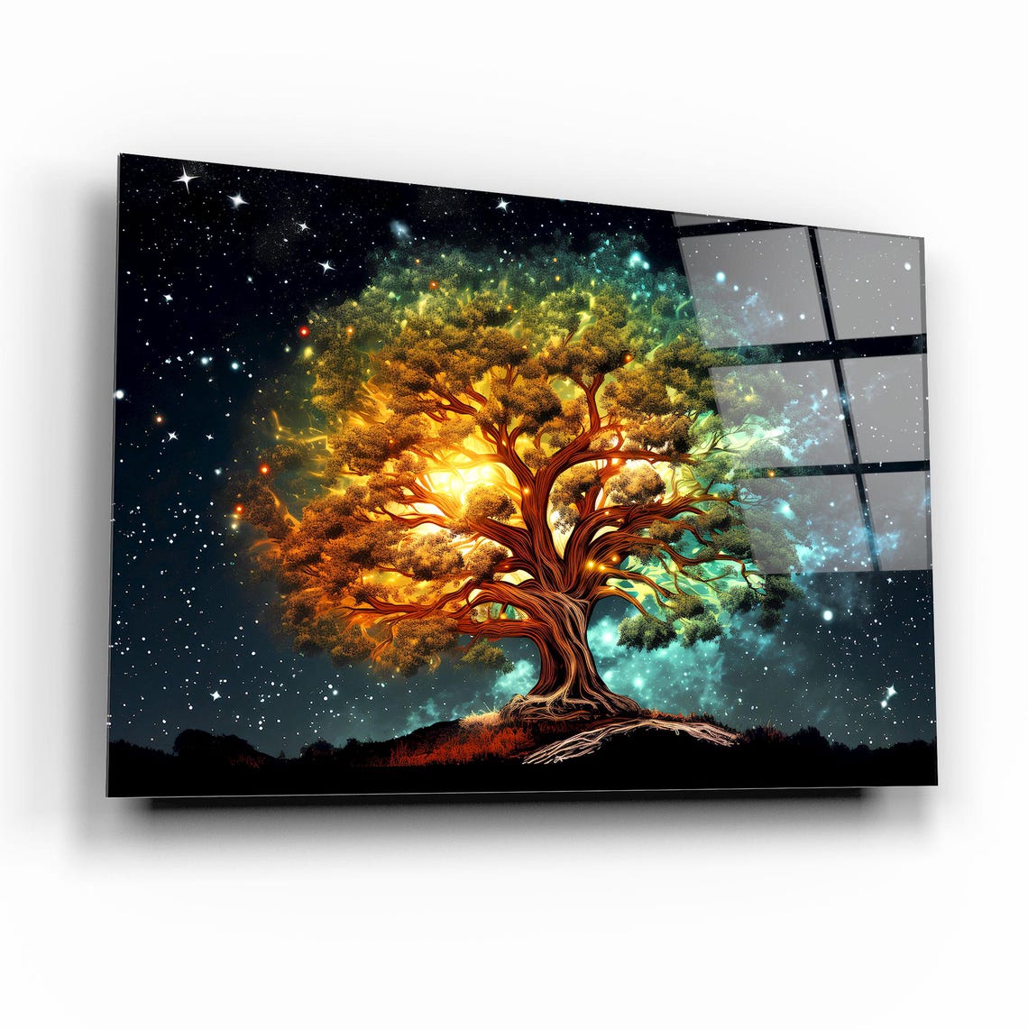 Glowing Cosmic Tree Under Starry Night Sky Modern Glass Poster - Image 2