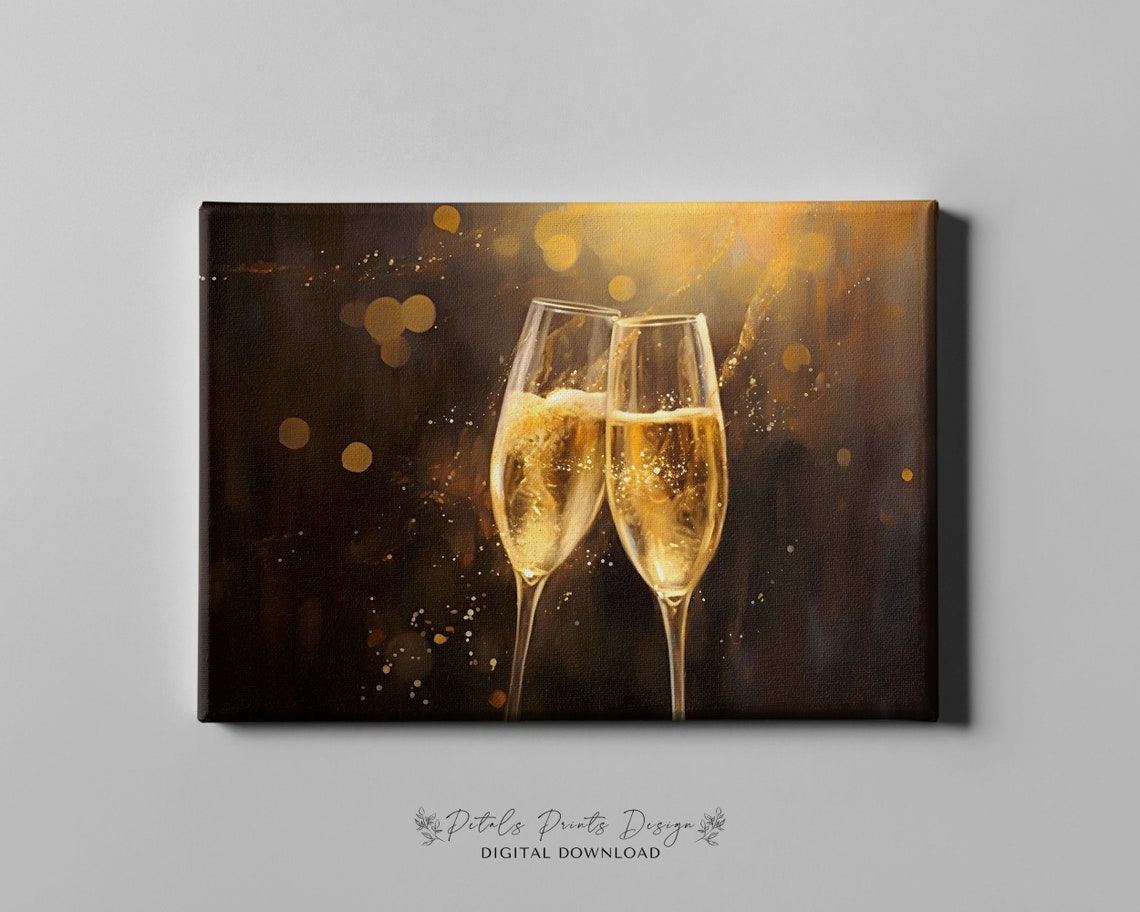 Champagne Toast Two Flutes Golden Celebration Painting Poster - Image 4
