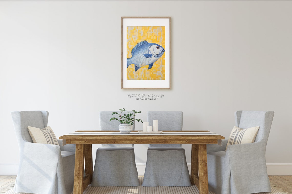 Blue Fish Yellow Mosaic Tile Background Portrait Ocean Art Poster - Image 2