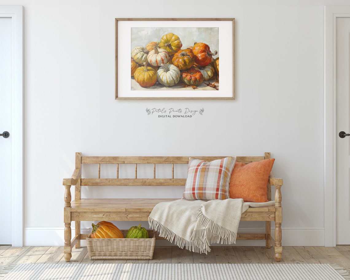 Rustic Pumpkin Pile Autumn Still Life Oil Painting Fall Poster - Image 3