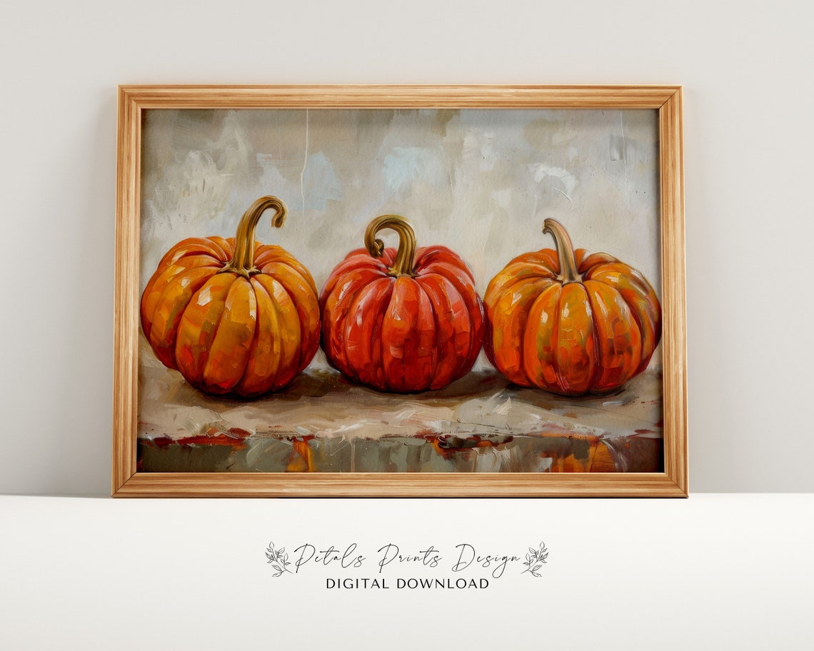 Vibrant Pumpkin Row Tall Stems Impasto Fall Still Life Art Print