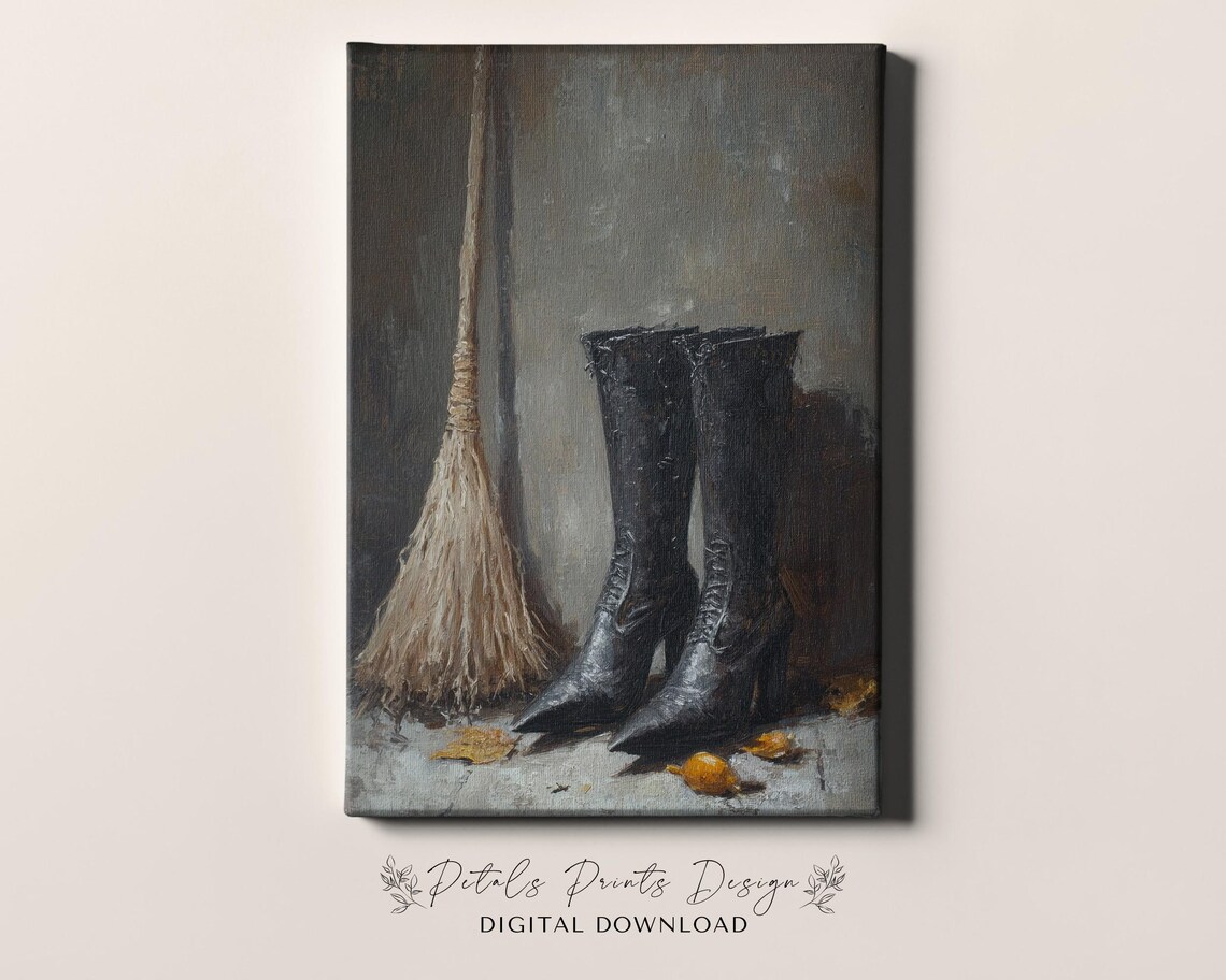 Witch Boots and Broom with Autumn Leaves Vintage Halloween Decor Poster - Image 4