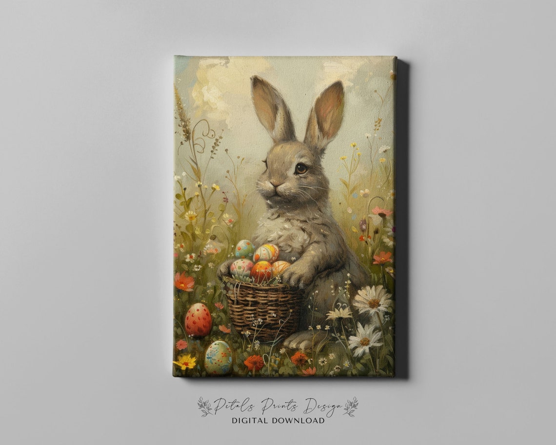 Grey Bunny with Basket of Easter Eggs Vintage Spring Painting Poster - Image 4