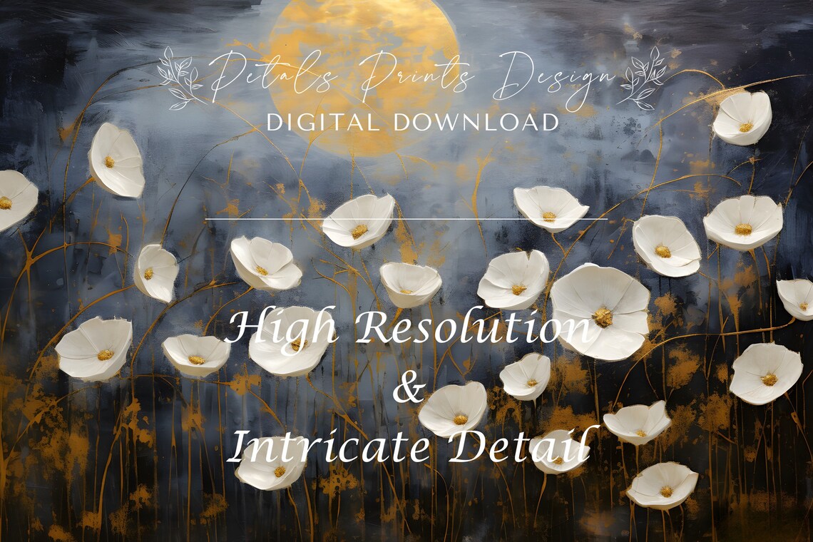 White Cosmos Field Under Golden Moon Dark Moody Floral Poster - Image 3