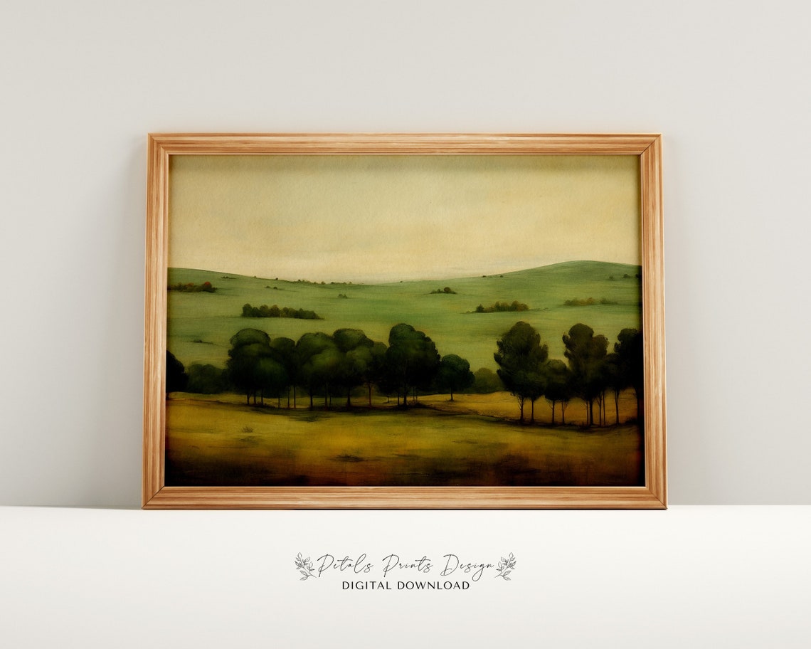 Rolling Green Hills Golden Meadow Tree Line Pastoral Landscape Poster