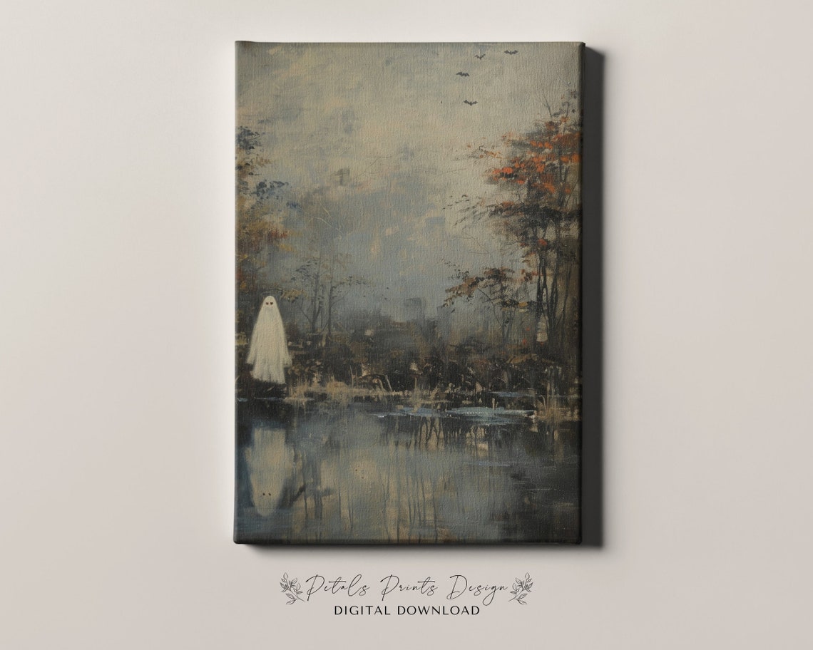 Ghost By Misty Lake Autumn Trees Vintage Halloween Decor Art Print - Image 4