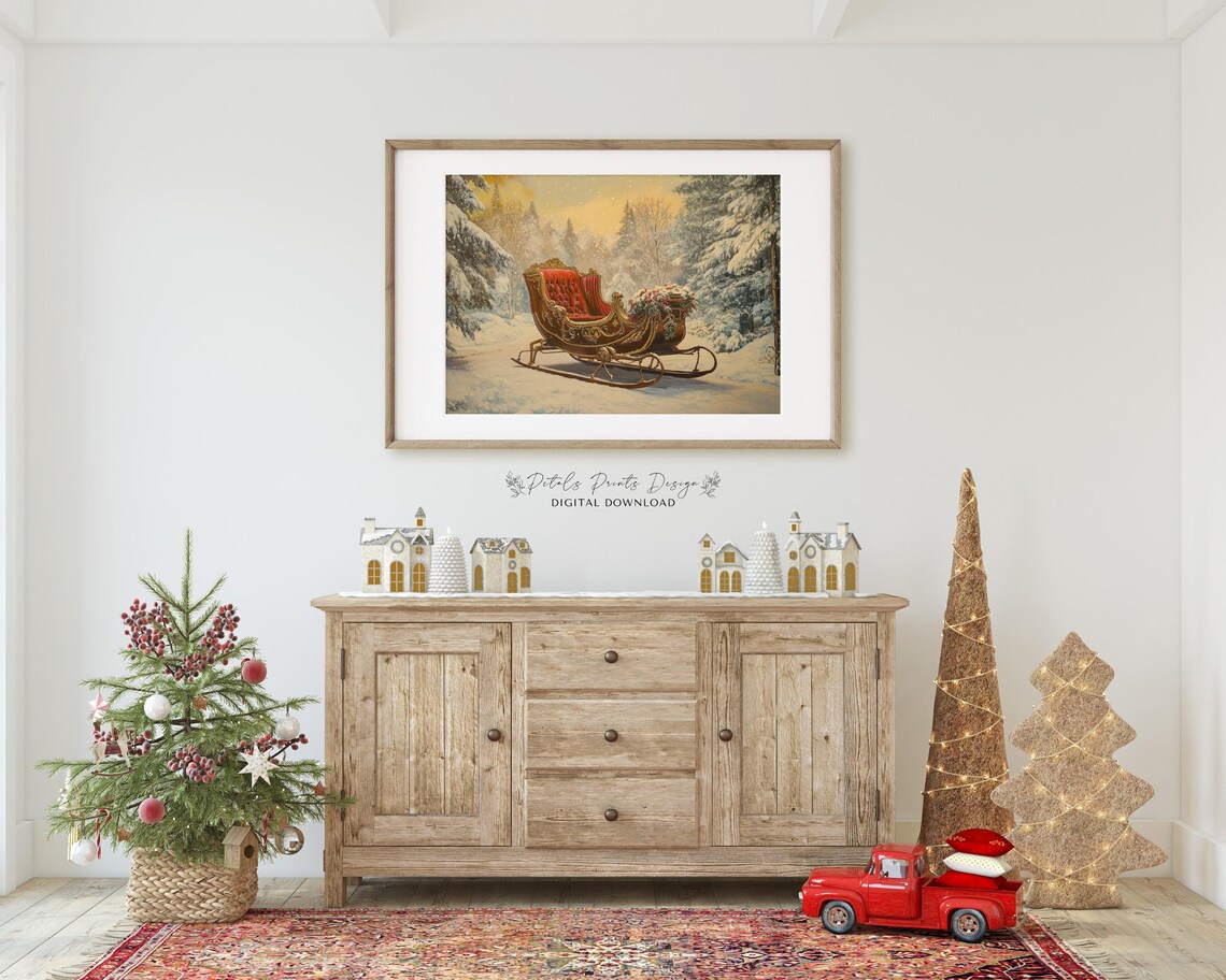 Vintage Red Sleigh In Snowy Forest Christmas Winter Painting Poster - Image 3