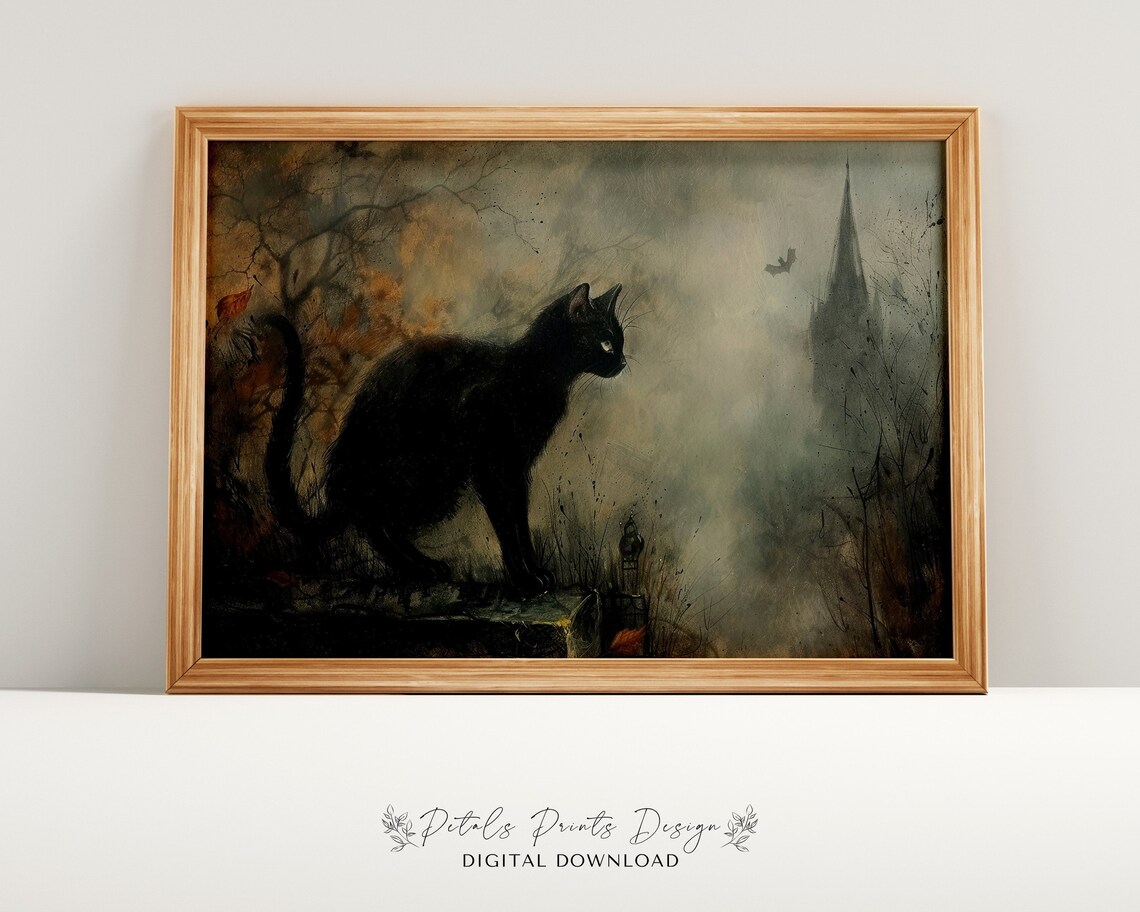 Black Cat In Foggy Graveyard Halloween Night Painting Poster