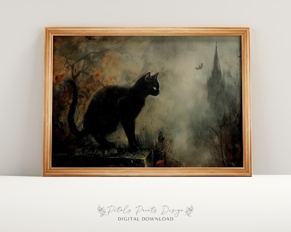 Black Cat In Foggy Graveyard Halloween Night Painting Poster