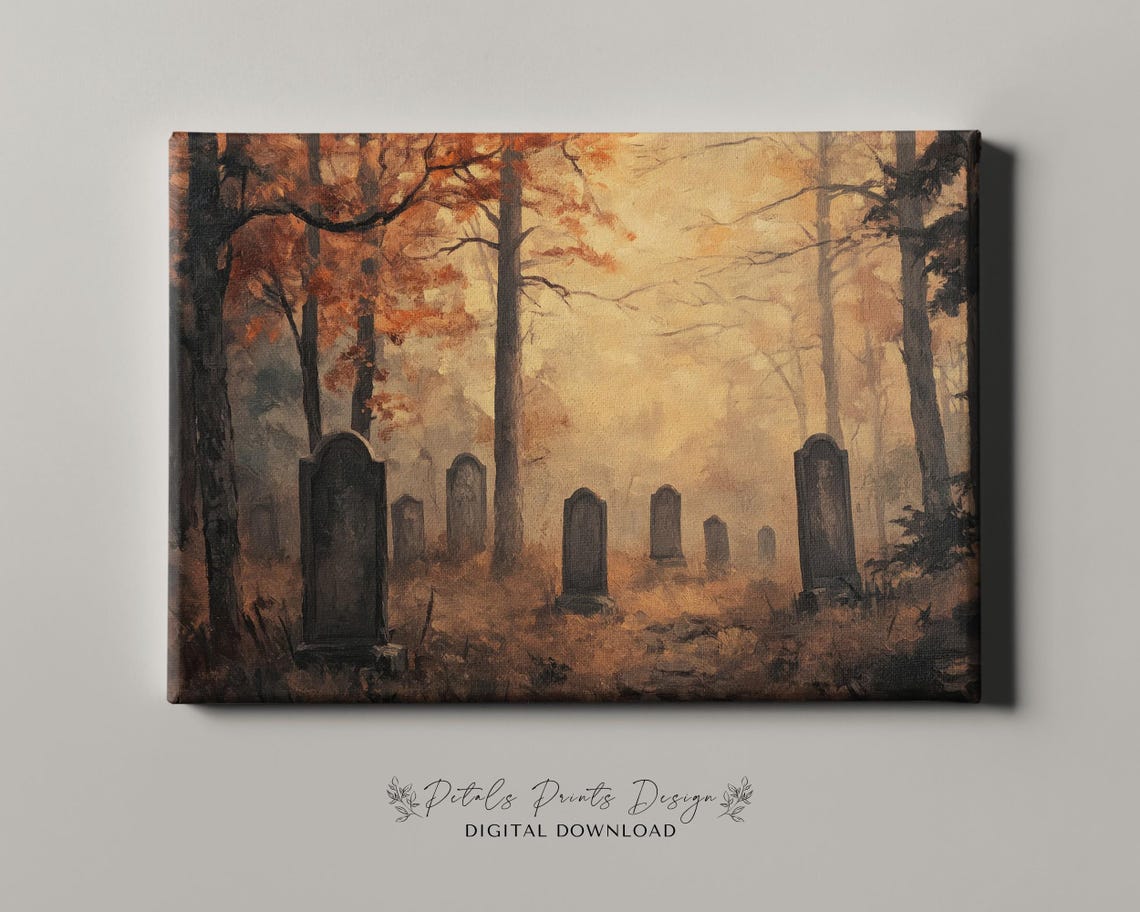 Misty Autumn Graveyard Tombstones Foggy Fall Forest Wall Art - Image 4