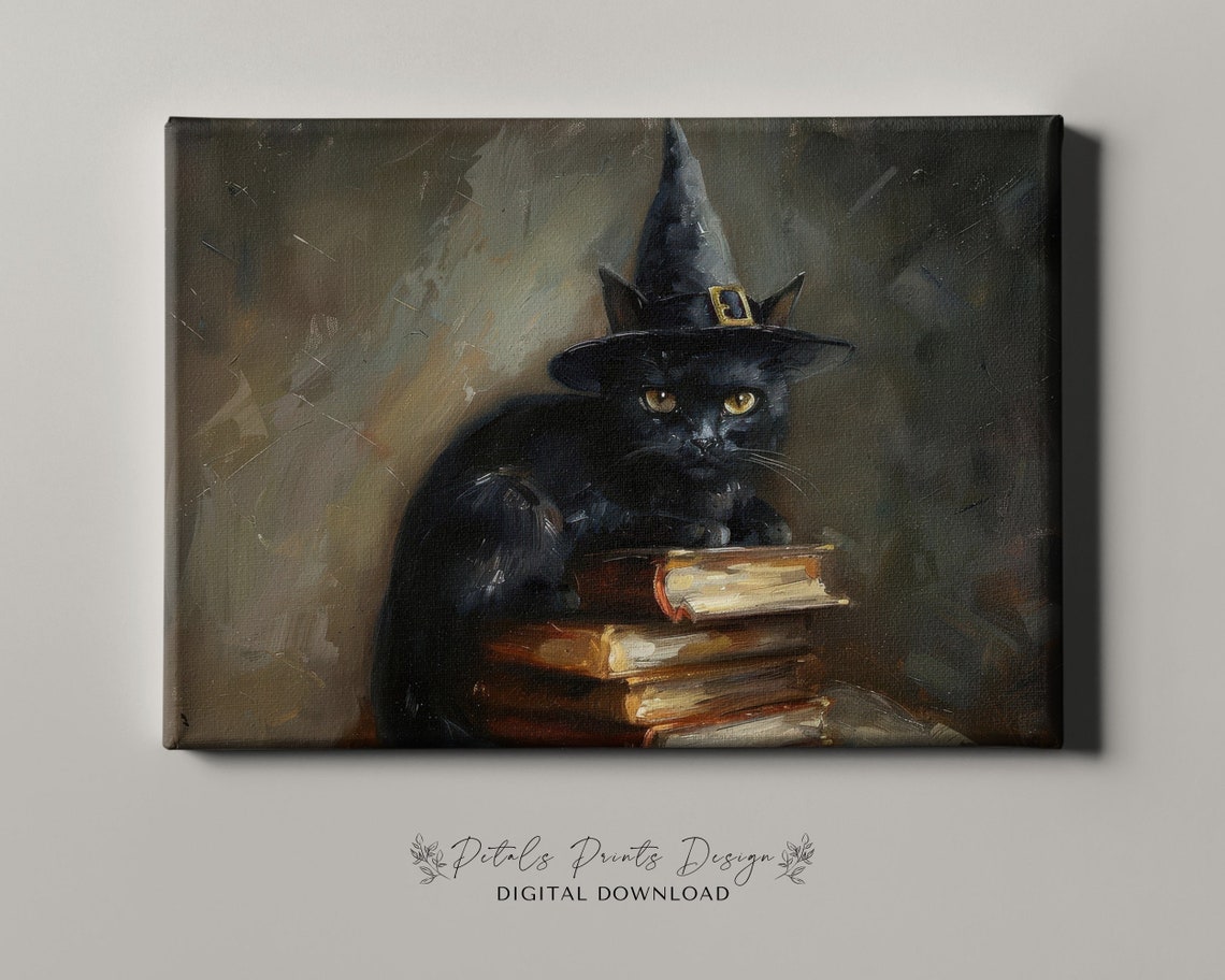 Witch Hat Black Cat Resting On Vintage Books Halloween Poster - Image 4