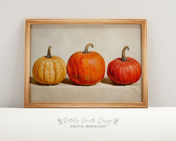 Three Pumpkins Still Life Autumn Harvest Thanksgiving Wall Art