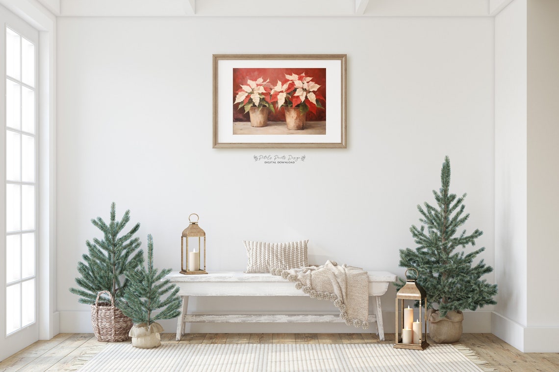 Two Potted Poinsettias Red Background Vintage Christmas Poster - Image 2