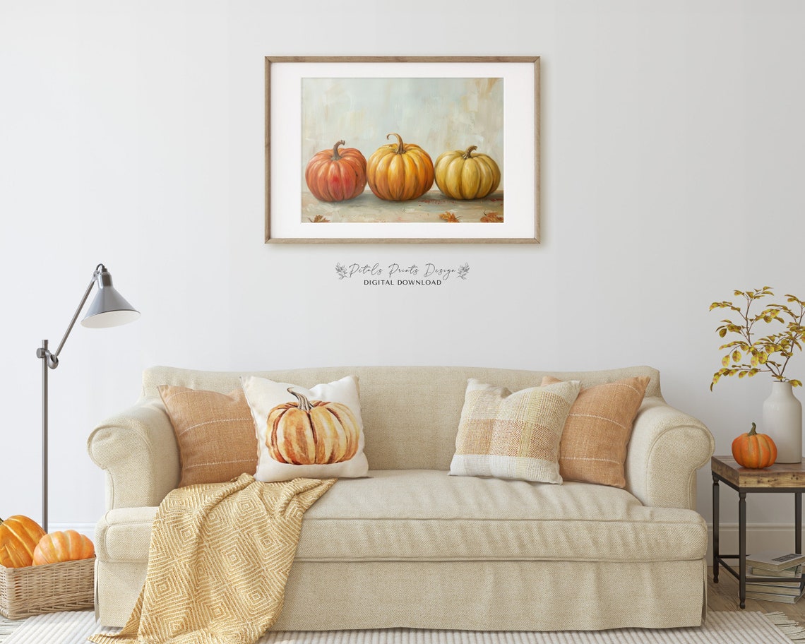 Pumpkin Trio Stone Ledge Autumn Leaves Rustic Fall Art Print - Image 2