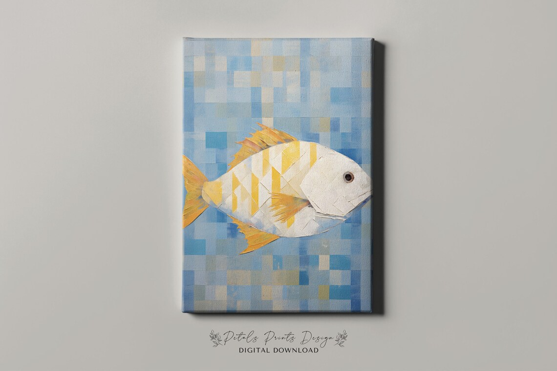 White Mosaic Fish Yellow Fins Blue Tile Ocean Portrait Art Poster - Image 4