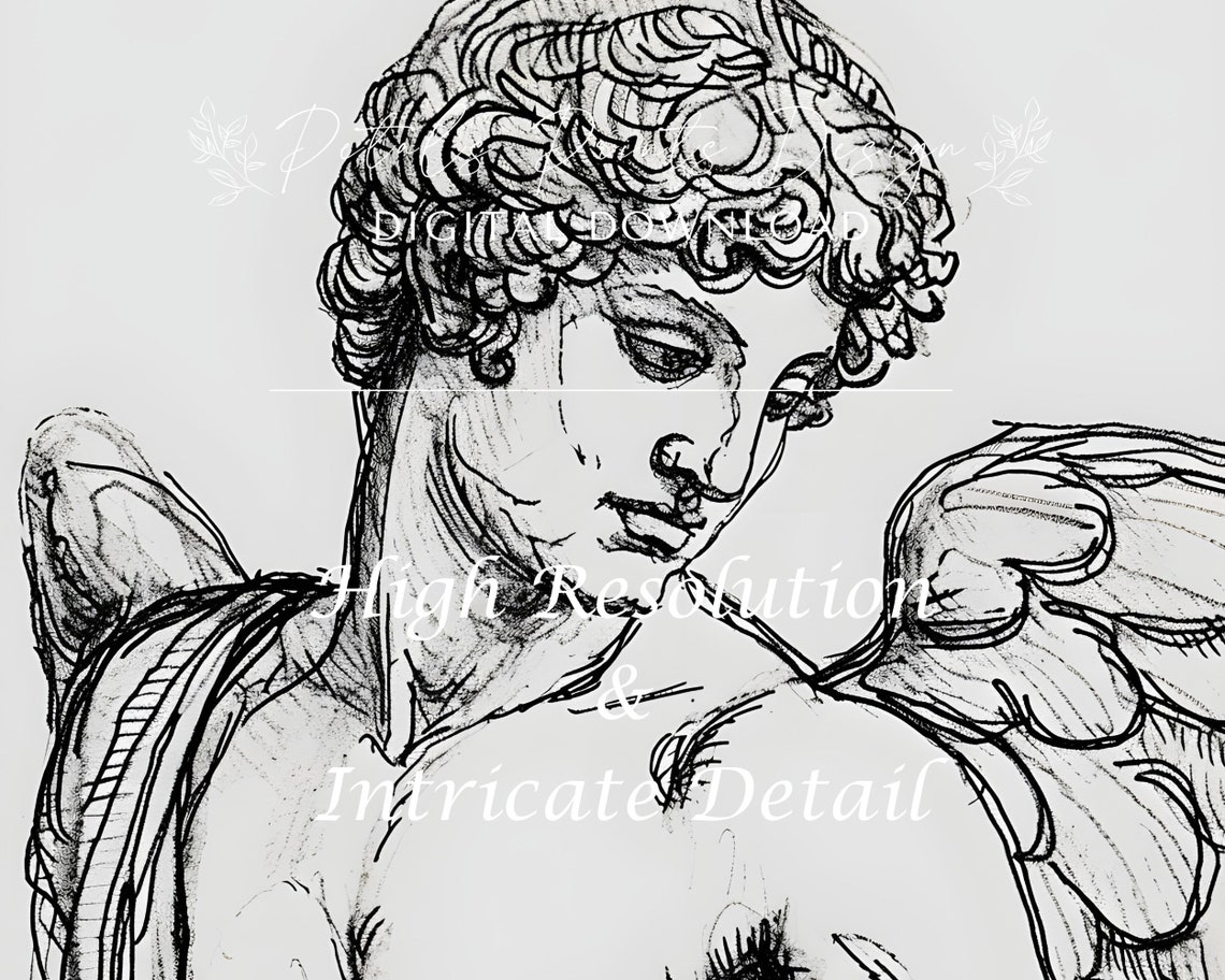 Classical Angel Ink Sketch Winged Figure Vintage Drawing Poster - Image 3