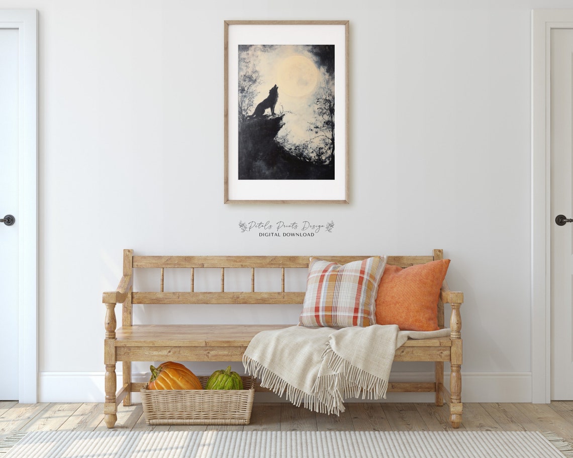 Lone Wolf Howling At Moonlit Cliff Vintage Style Painting Poster - Image 3