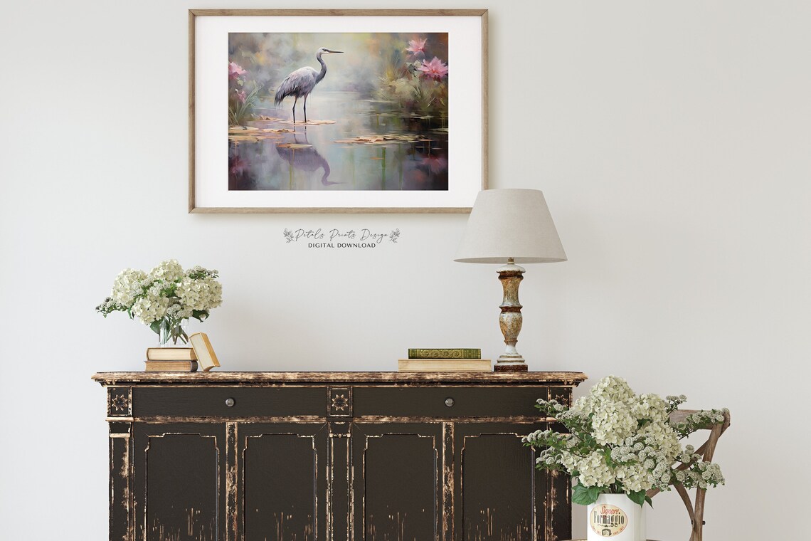 Gray Heron Wading in Pond with Pink Lotus Flowers Misty Poster - Image 2