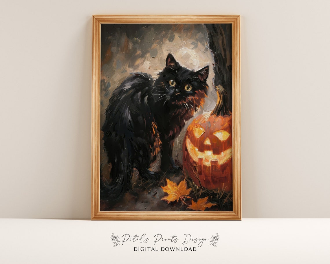 Fluffy Black Cat With Glowing Jack O Lantern Fall Night Poster