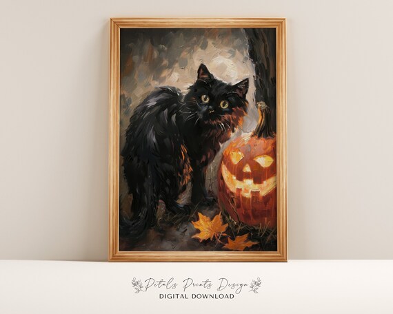 Fluffy Black Cat With Glowing Jack O Lantern Fall Night Poster