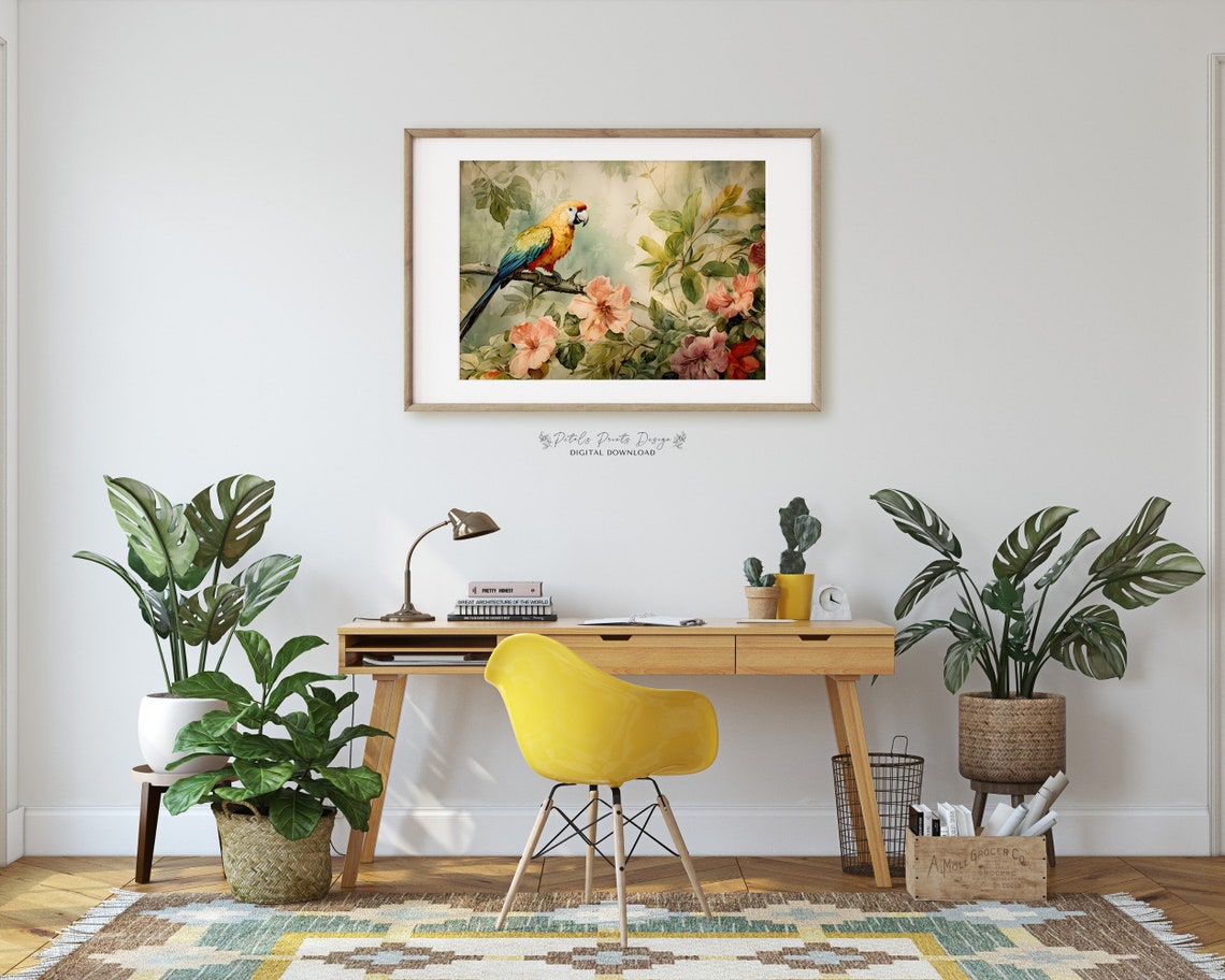 Orange Macaw Parrot Pink Hibiscus Flowers Tropical Bird Poster - Image 2