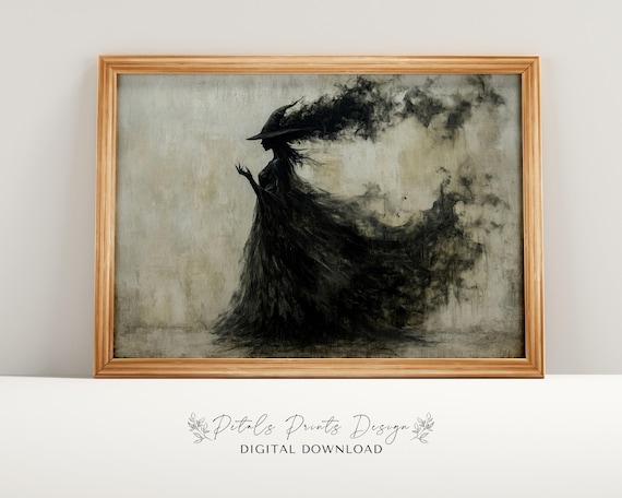 Dark Witch Silhouette with Smoky Dress Vintage Halloween Painting Poster