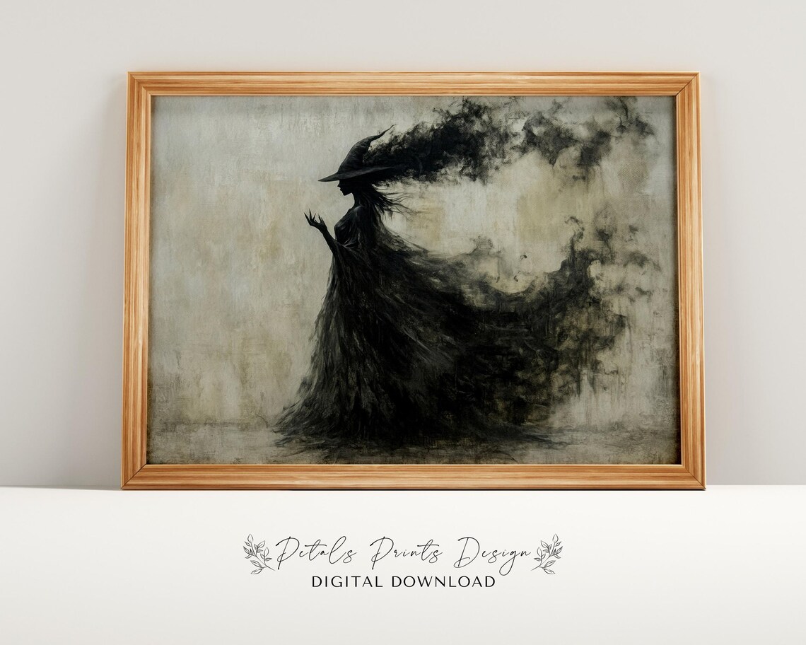Dark Witch Silhouette with Smoky Dress Vintage Halloween Painting Poster