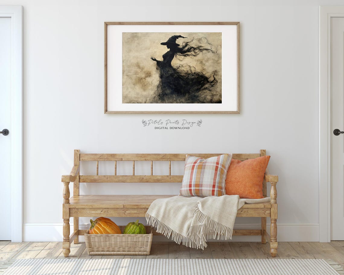 Witch Silhouette with Windswept Hair Dark Vintage Halloween Art Poster - Image 3