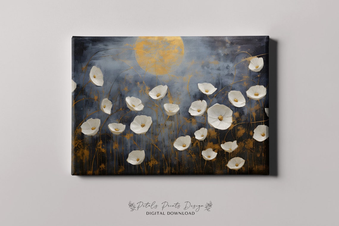 White Cosmos Field Under Golden Moon Dark Moody Floral Poster - Image 4