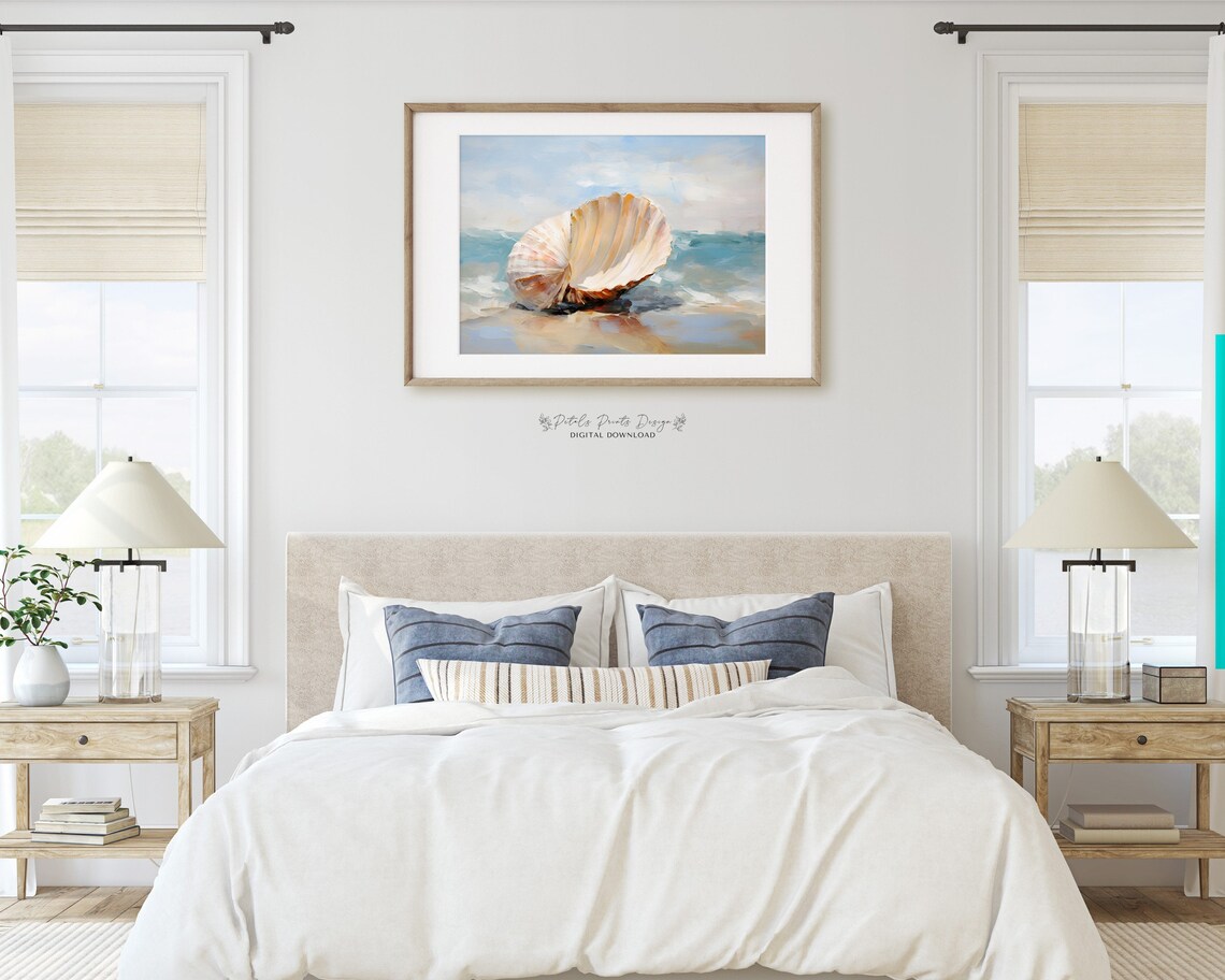 Golden Scallop Shell on Shore with Gentle Waves Coastal Poster - Image 2