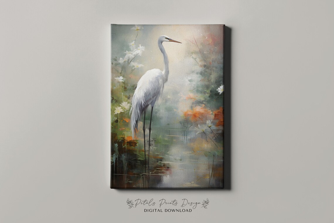 Heron Water Garden Vintage Oil Painting Art Print - Image 4