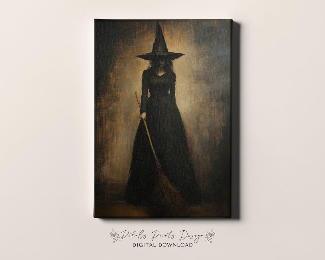 Dark Witch Portrait Black Hat Broom Gothic Halloween Wall Art - Image 4