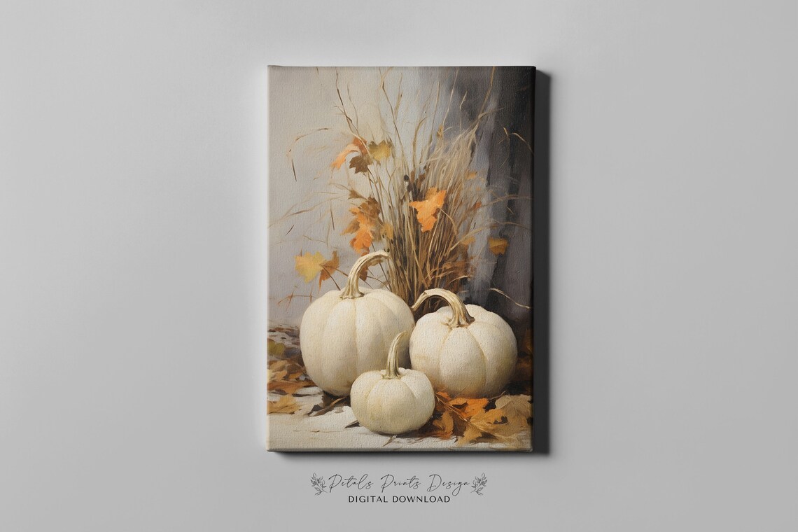 White Pumpkins Wheat Autumn Still Life Vintage Farmhouse Fall Poster - Image 2